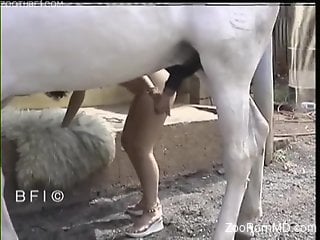 Brunette fucking a white horse in a hardcore scene